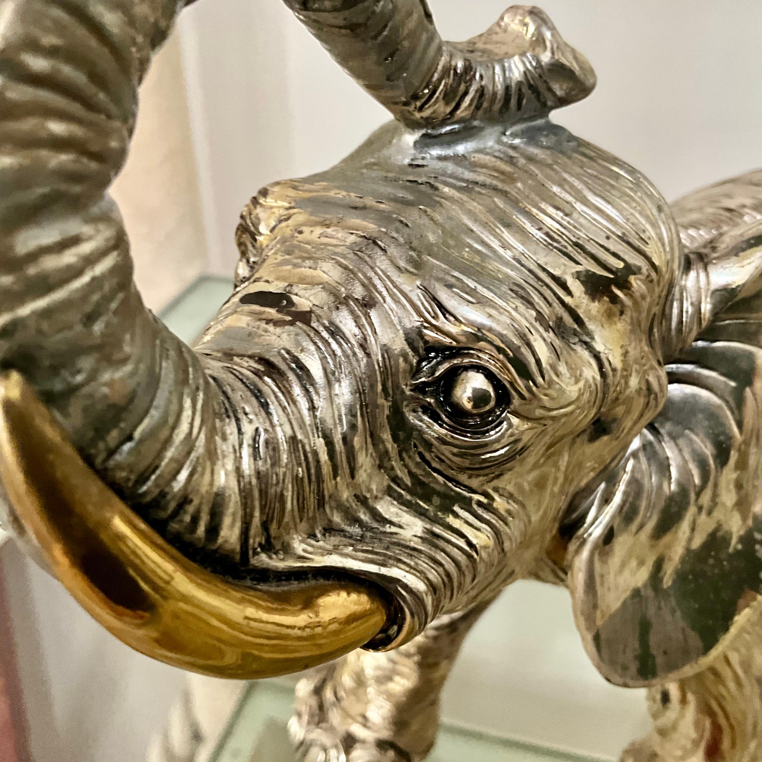 Fatto a mano Vintage Sterling Silver Clad Elephant Sculpture with Raised Trunk, 925 Stamp in vendita