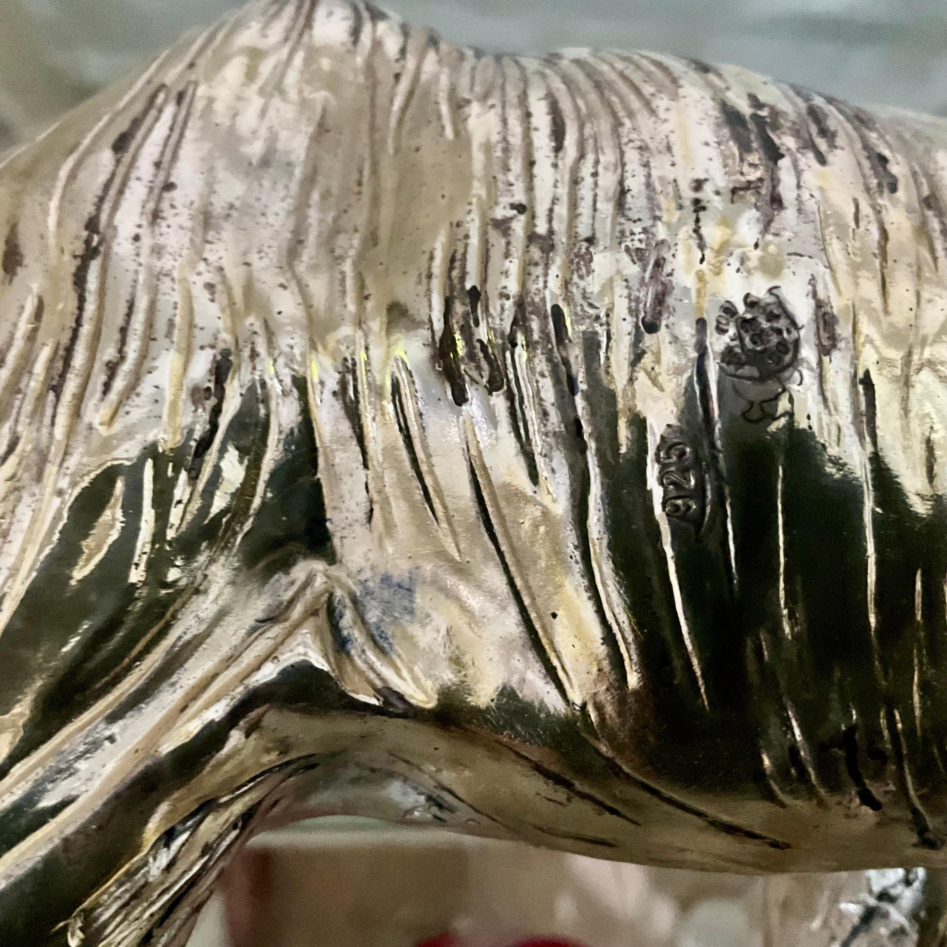 Argento 925 Vintage Sterling Silver Clad Elephant Sculpture with Raised Trunk, 925 Stamp in vendita