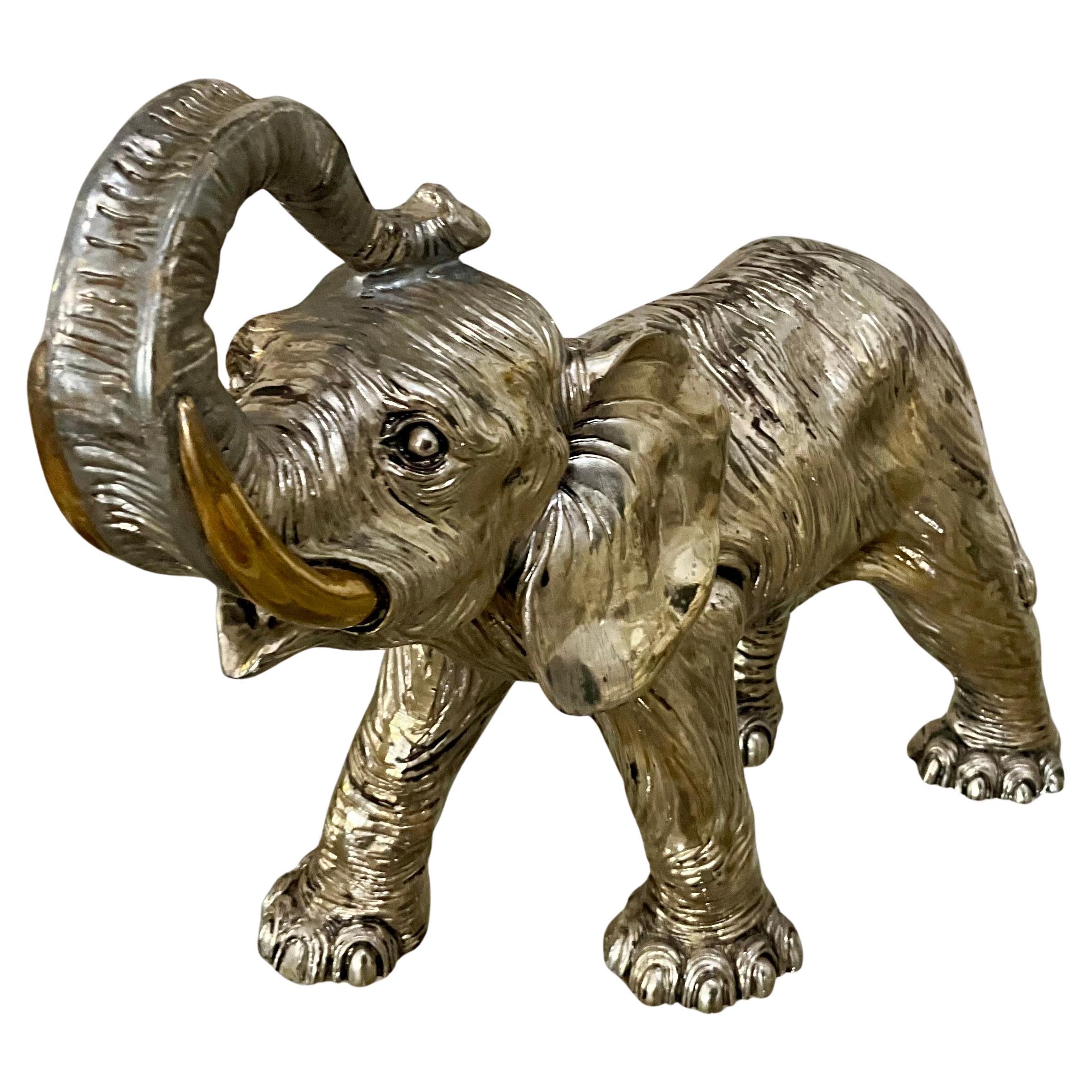 Vintage Sterling Silver Clad Elephant Sculpture with Raised Trunk, 925 Stamp in vendita