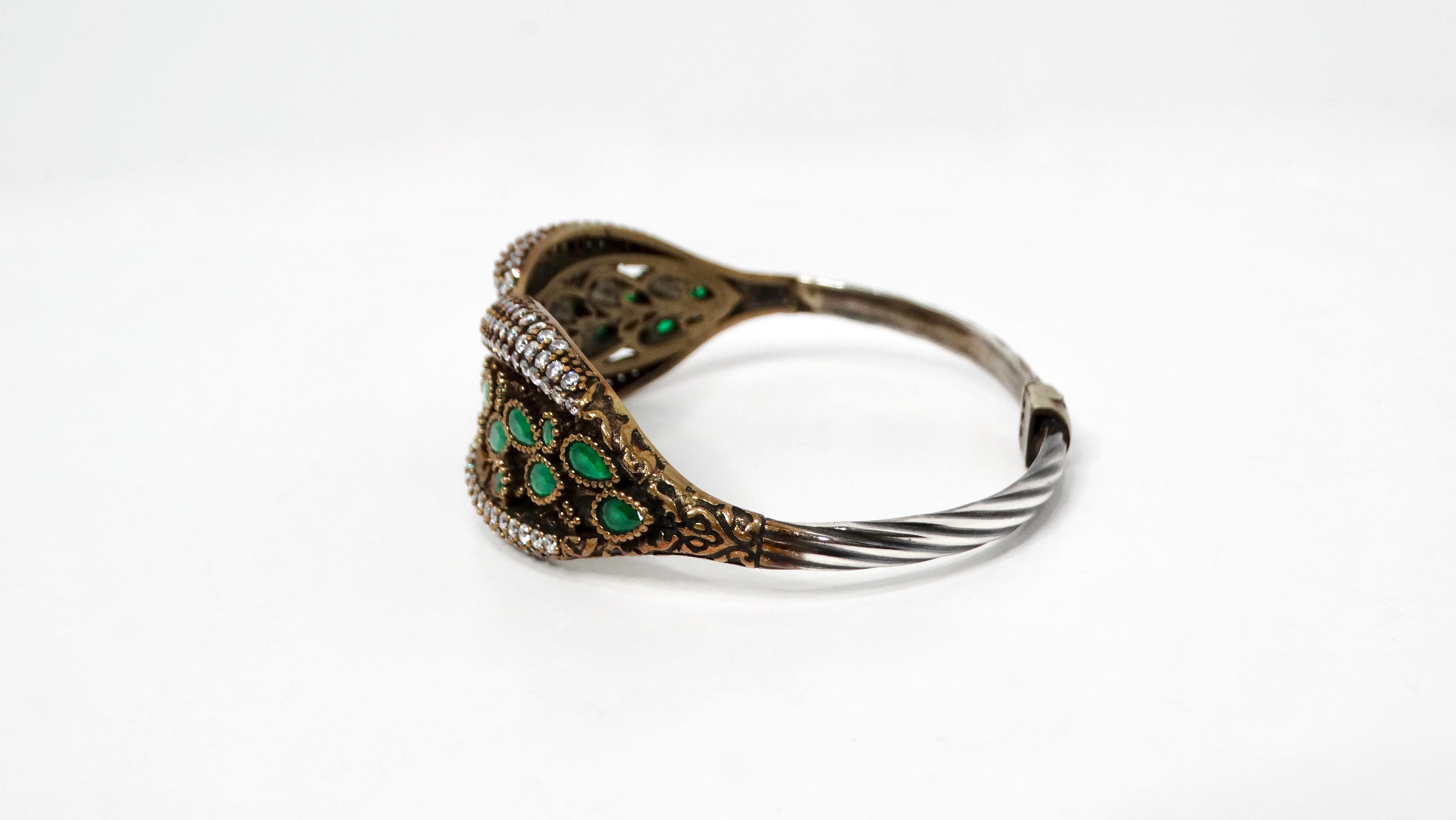 Vintage Sterling Silver Clamper Bracelet With Green Stone & Crystal Accents In Good Condition For Sale In Scottsdale, AZ