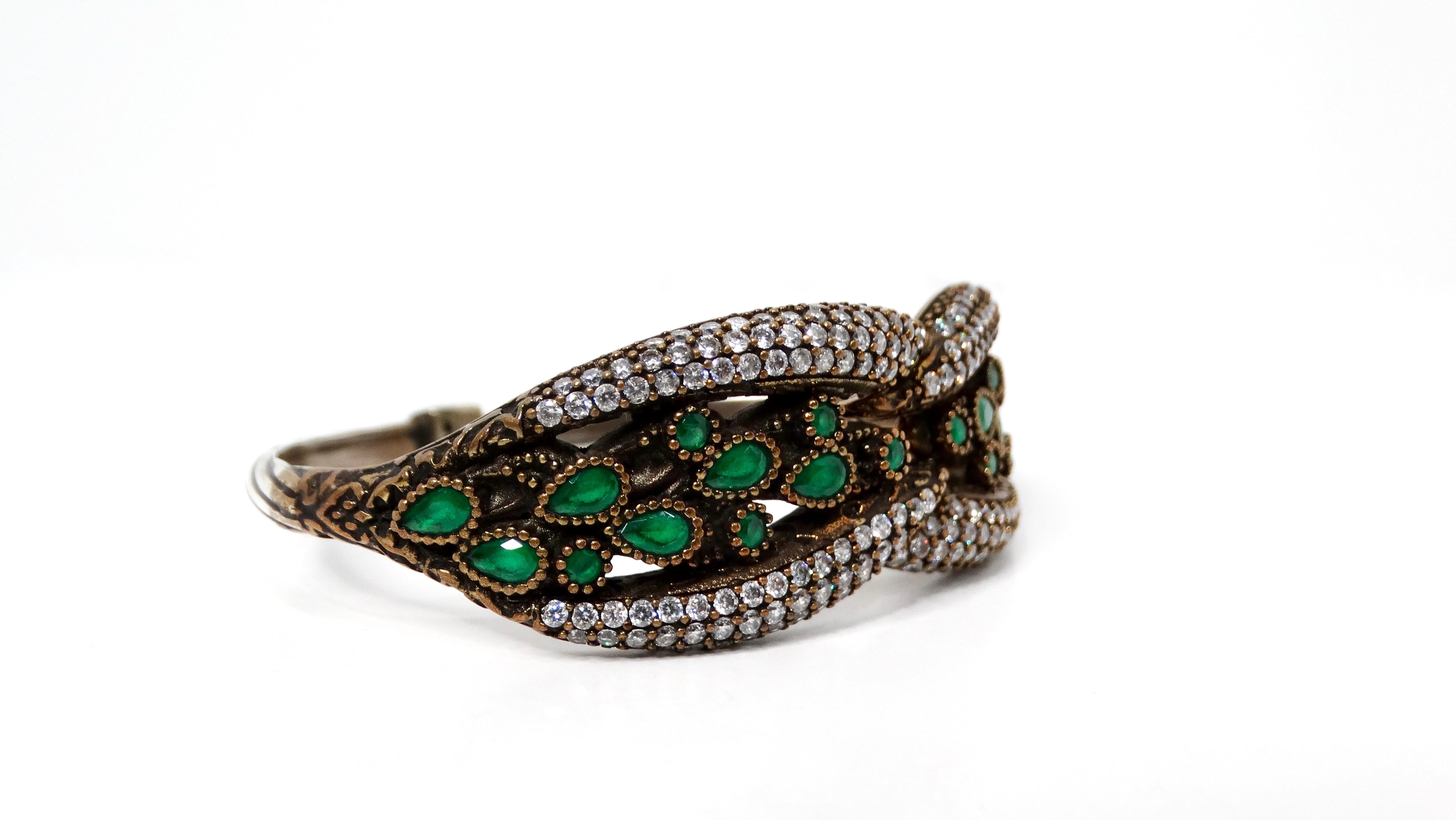 Vintage Sterling Silver Clamper Bracelet With Green Stone & Crystal Accents For Sale 1