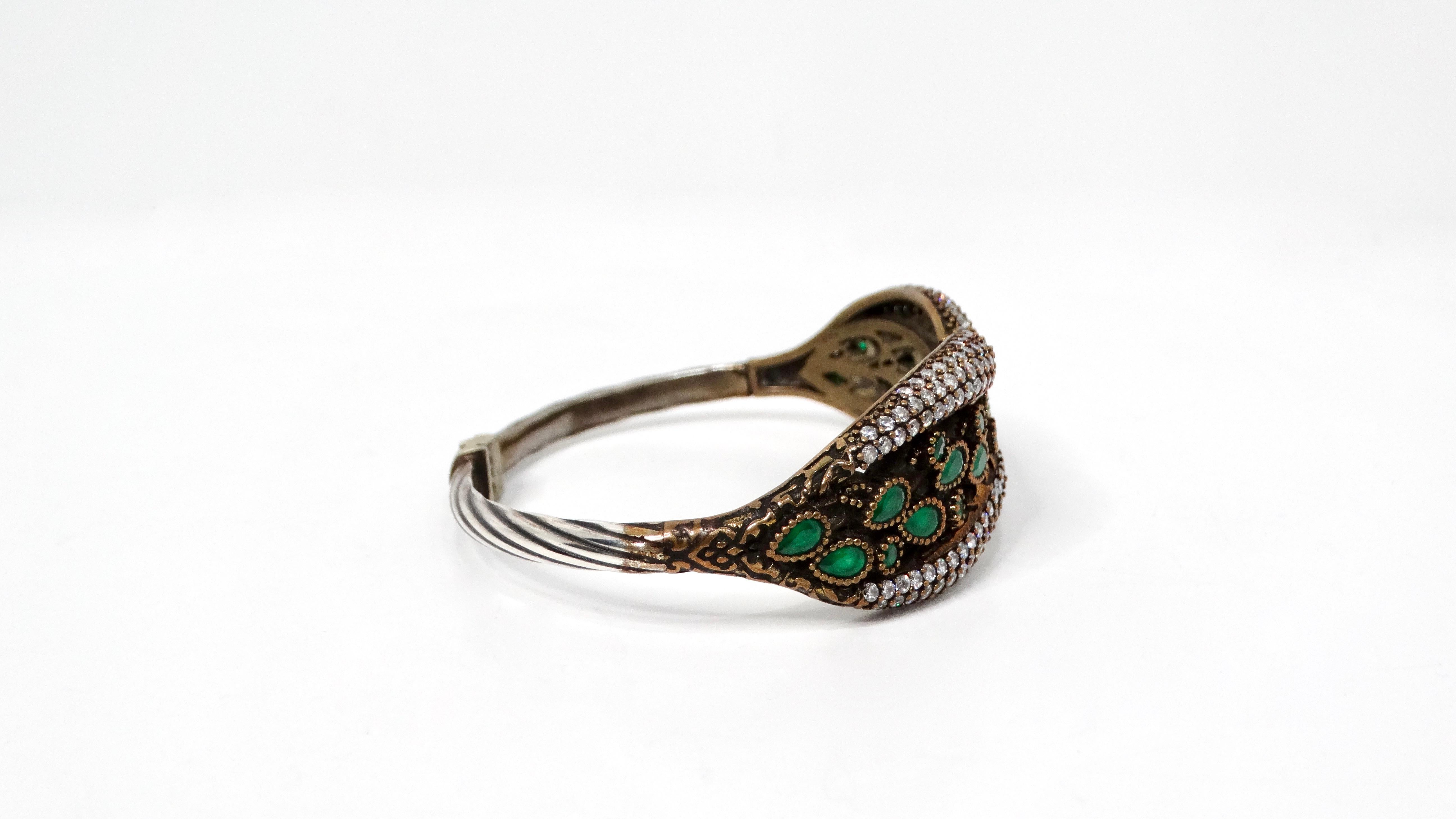 Vintage Sterling Silver Clamper Bracelet With Green Stone & Crystal Accents For Sale 2