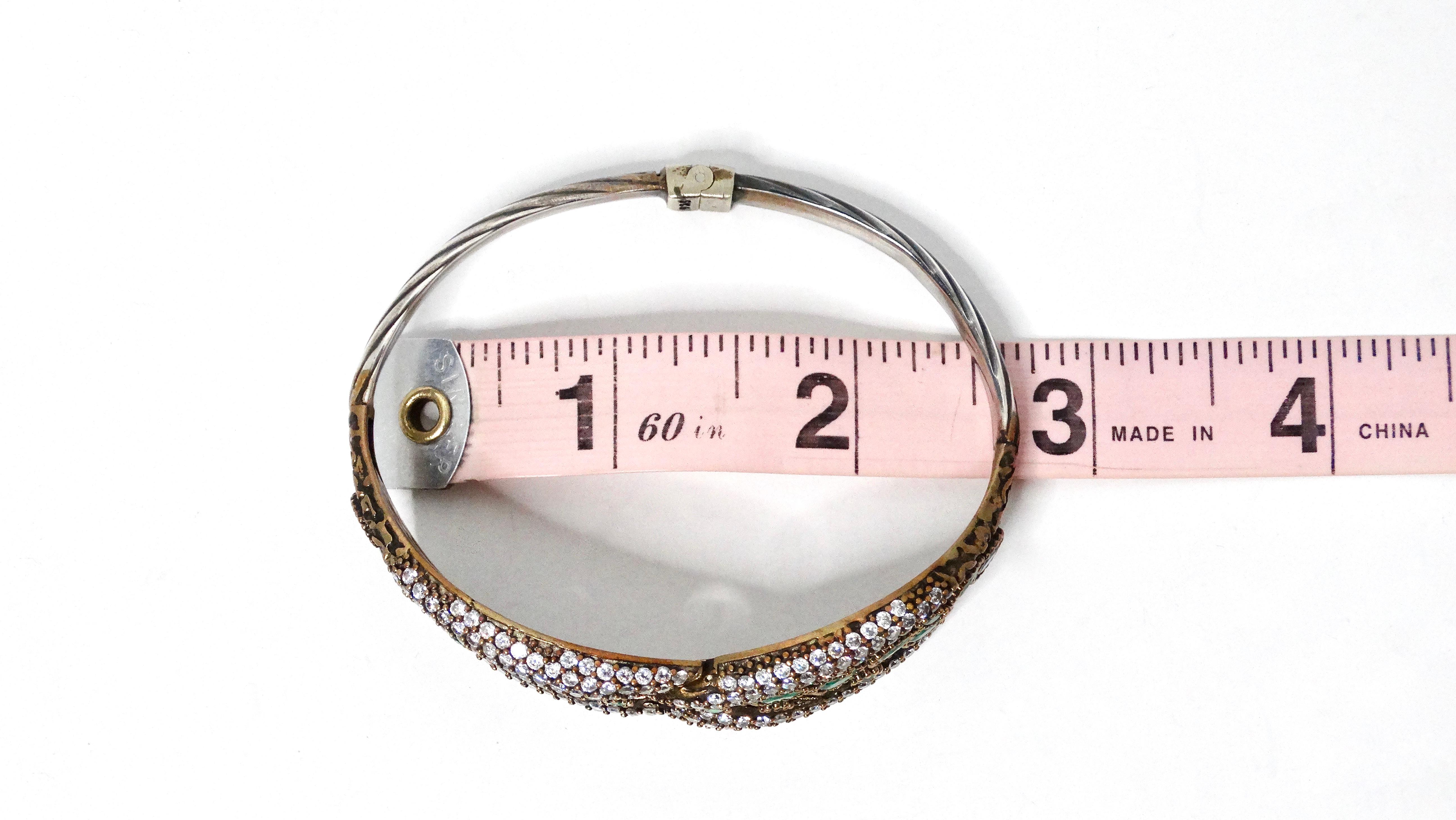 Vintage Sterling Silver Clamper Bracelet With Green Stone & Crystal Accents For Sale 4