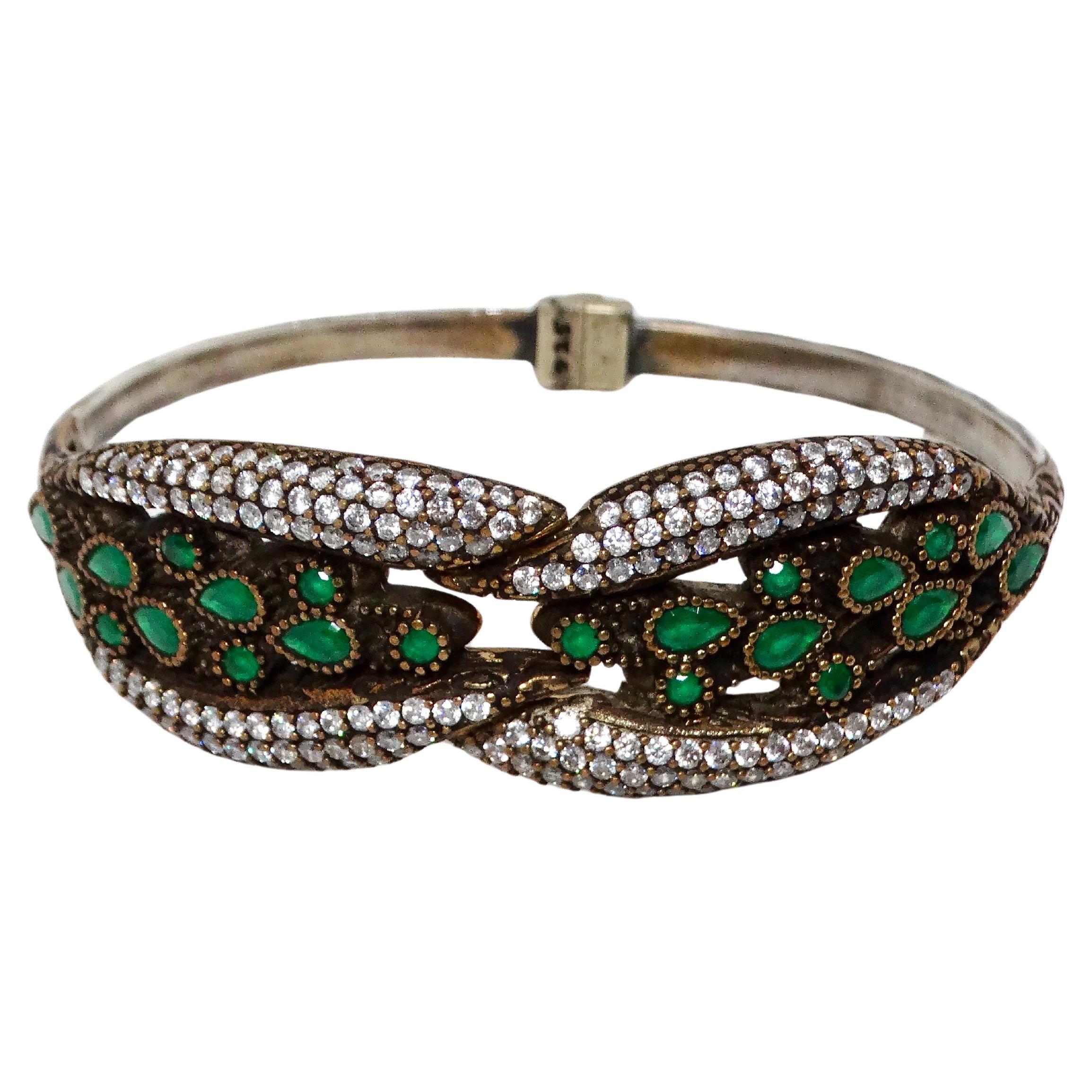 Vintage Sterling Silver Clamper Bracelet With Green Stone & Crystal Accents