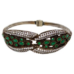 Vintage Sterling Silver Clamper Bracelet With Green Stone & Crystal Accents