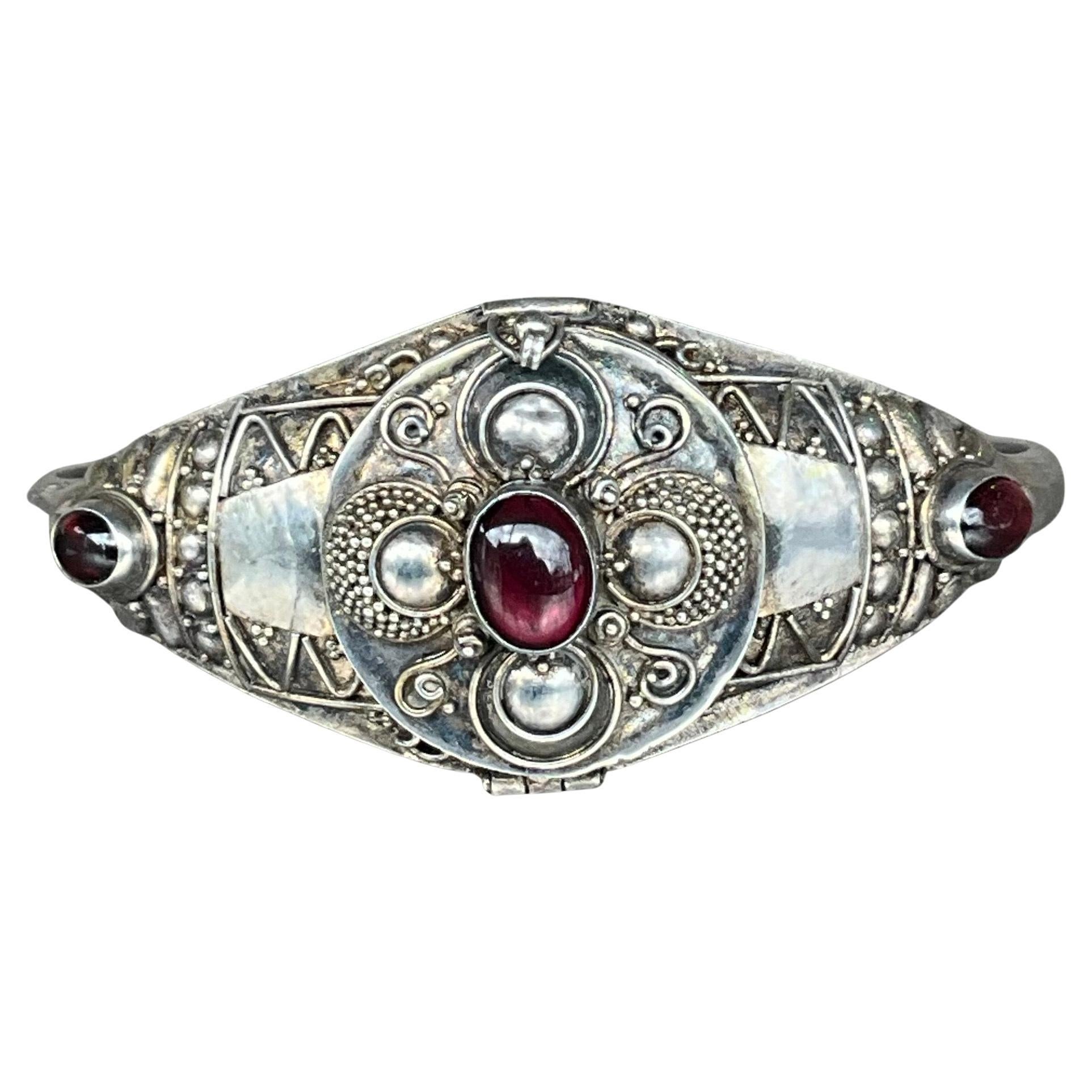 Vintage Sterling Silver Cleopatra Poison Locket Cuff Bracelet For Sale
