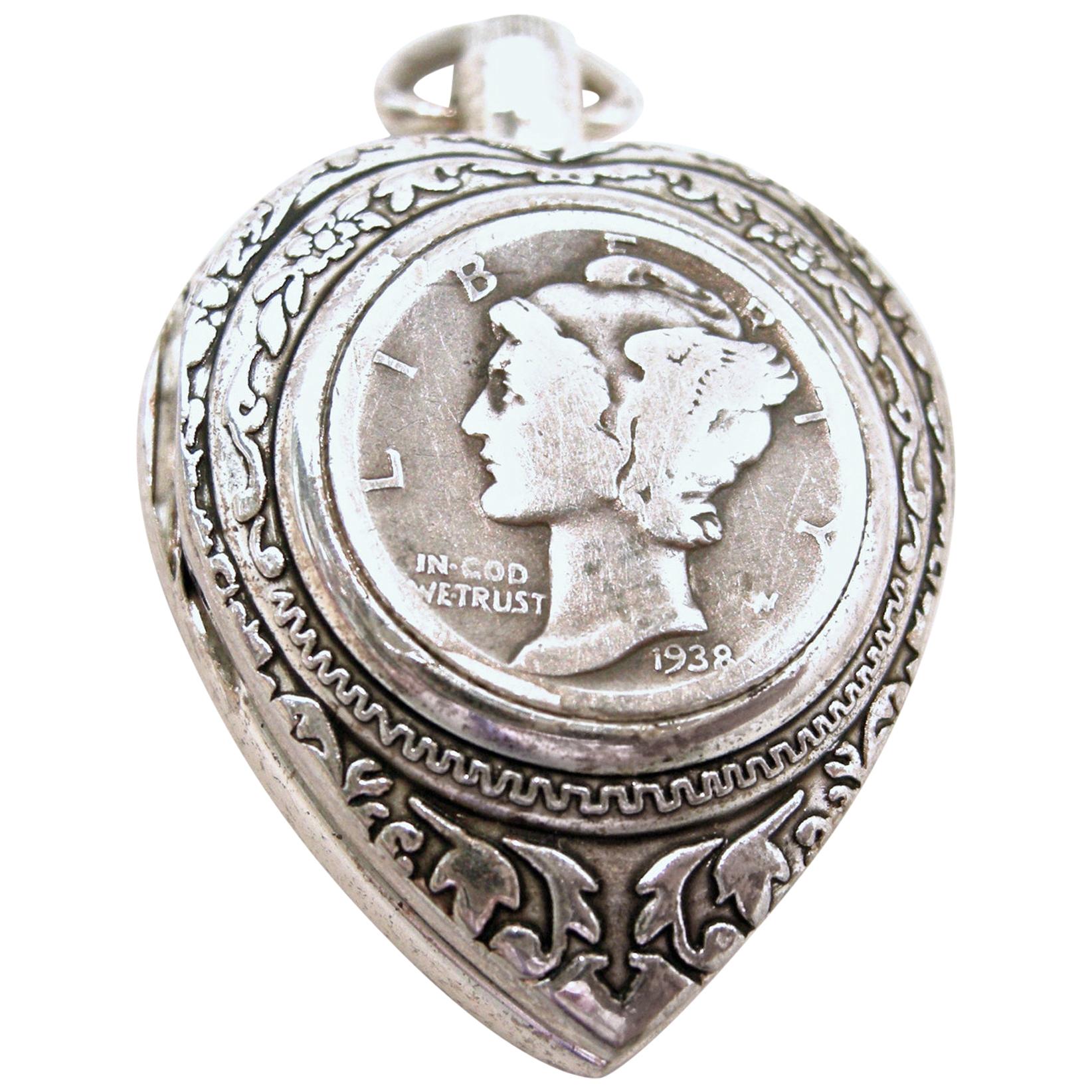 Vintage Sterling Silver Coin-Heart Pendant Watch (working) For Sale