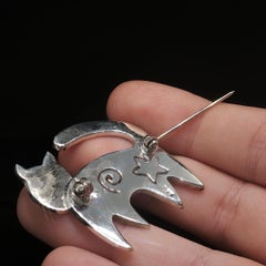 Vintage Sterling Silver Cool Cat Kitty Brooch Pin Star Swirl 12.1g Modern