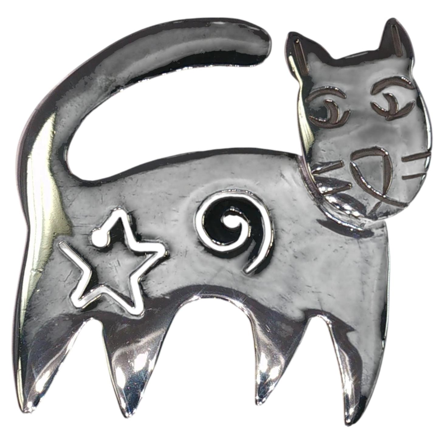 Vintage Sterling Silver Cool Cat Kitty Brooch Pin Star Swirl 12.1g Modern