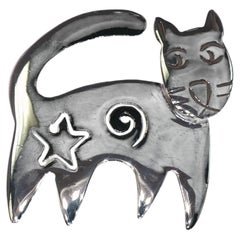Vintage Sterling Silver Cool Cat Kitty Brooch Pin Star Swirl 12.1g Modern