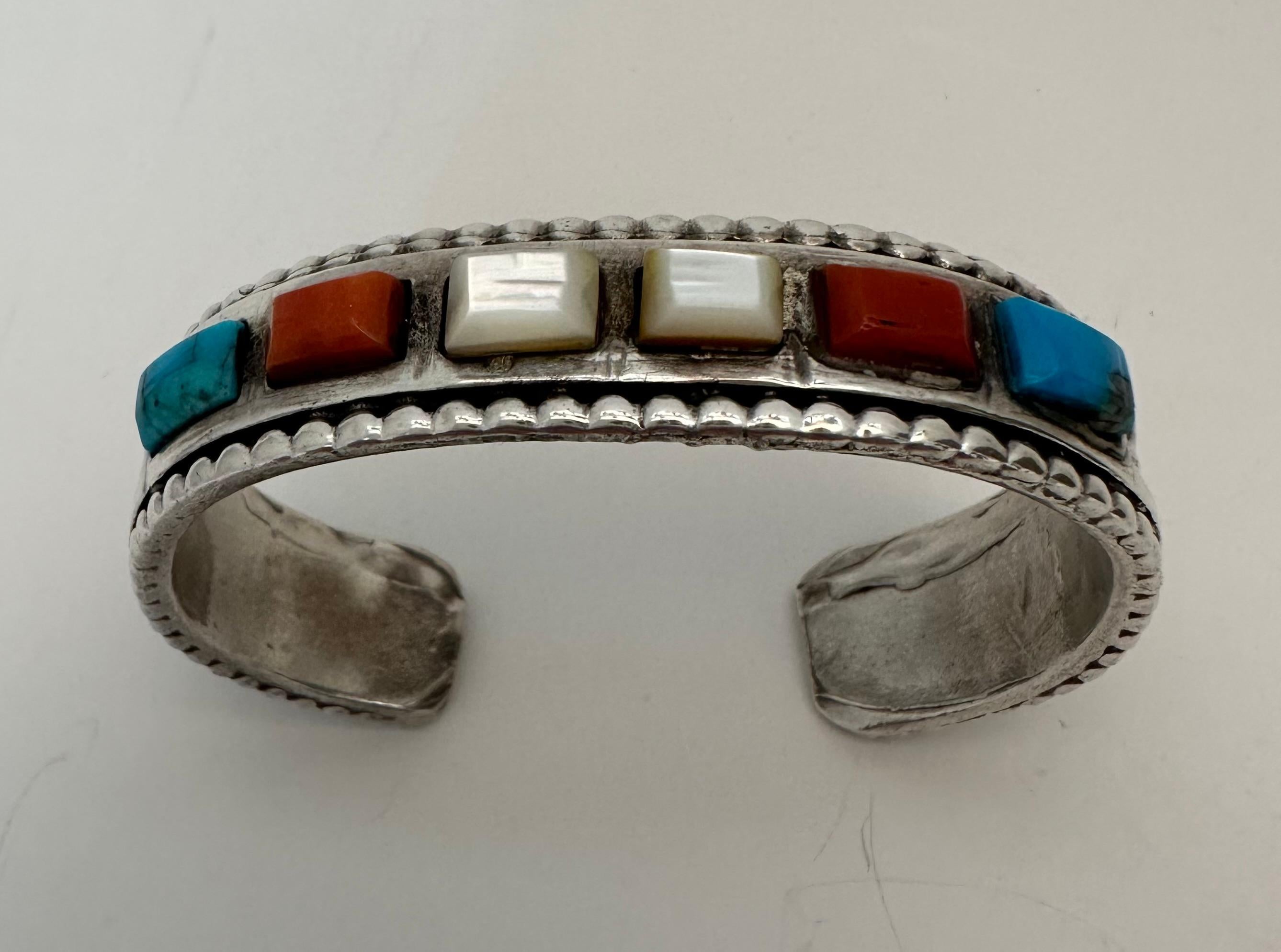 Artisan Vintage Sterling Silver Coral Turquoise Mother Of Pearl Small Cuff Bracelet  For Sale