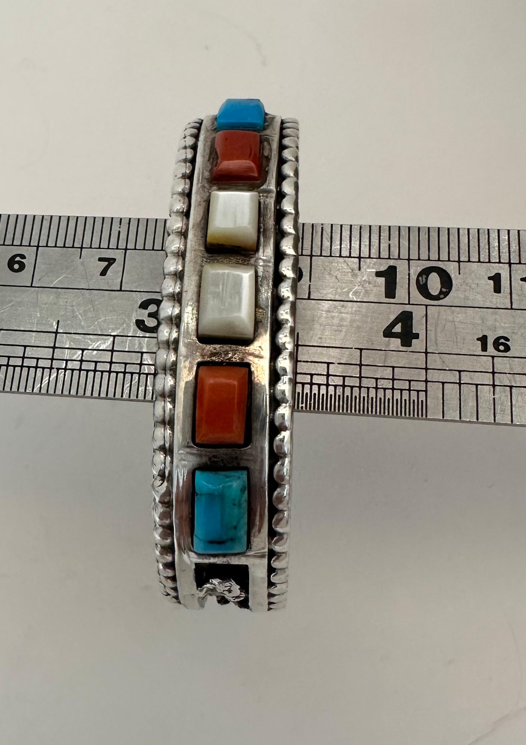 Women's Vintage Sterling Silver Coral Turquoise Mother Of Pearl Small Cuff Bracelet  For Sale