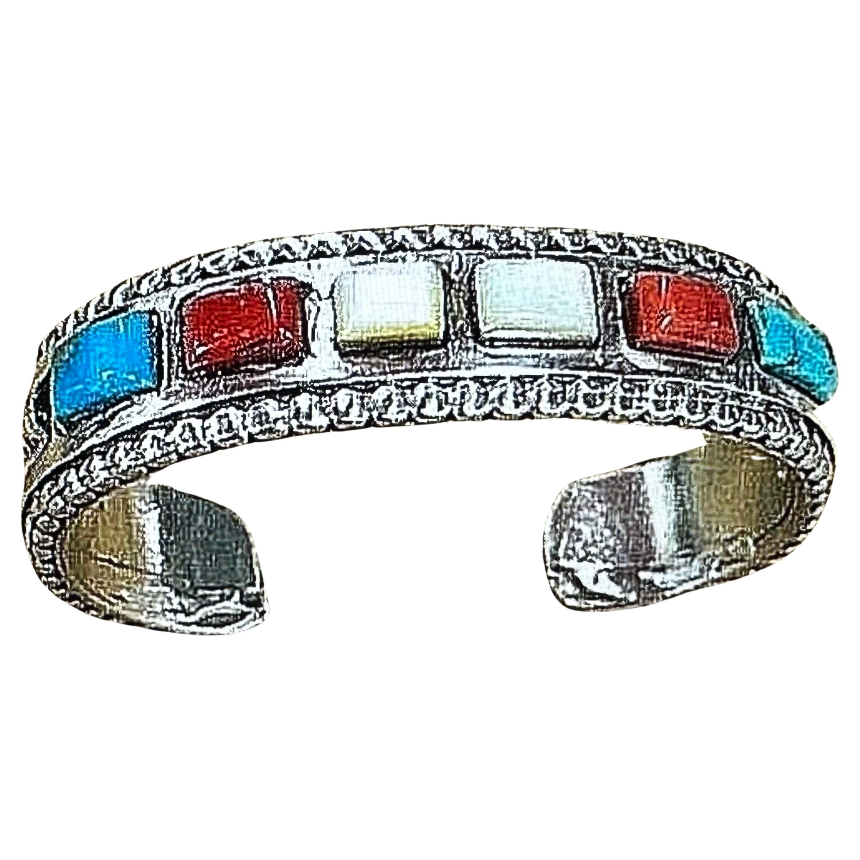 Vintage Sterling Silver Coral Turquoise Mother Of Pearl Small Cuff Bracelet 