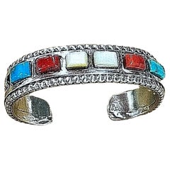 Retro Sterling Silver Coral Turquoise Mother Of Pearl Small Cuff Bracelet 