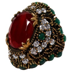 Vintage Sterling Silver Costume Ruby and Emerald Statement Cocktail Ring