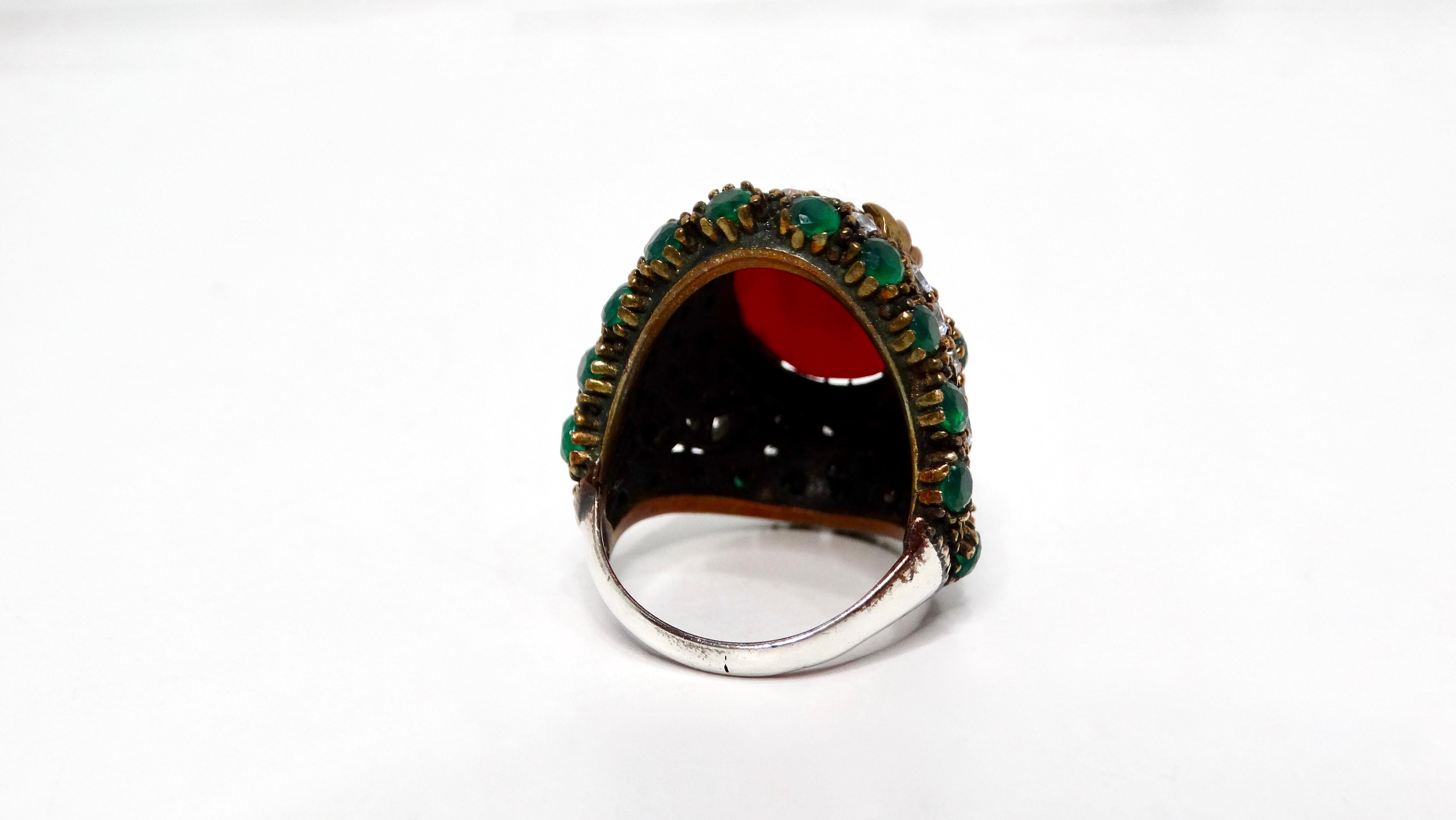 Women's Vintage Sterling Silver Costume Ruby and Emerald Statement Cocktail Ring For Sale