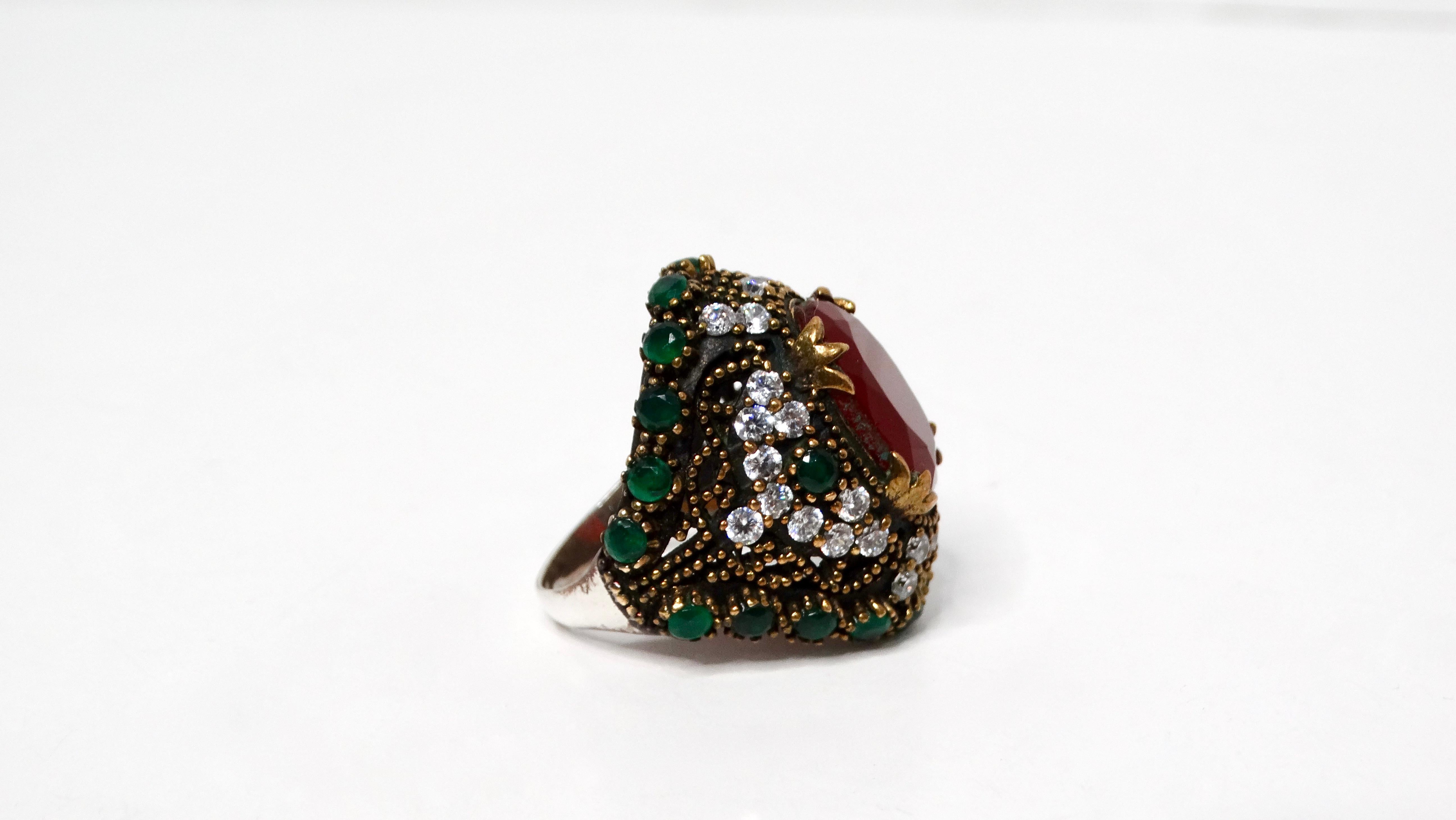 Vintage Sterling Silver Costume Ruby and Emerald Statement Cocktail Ring For Sale 1