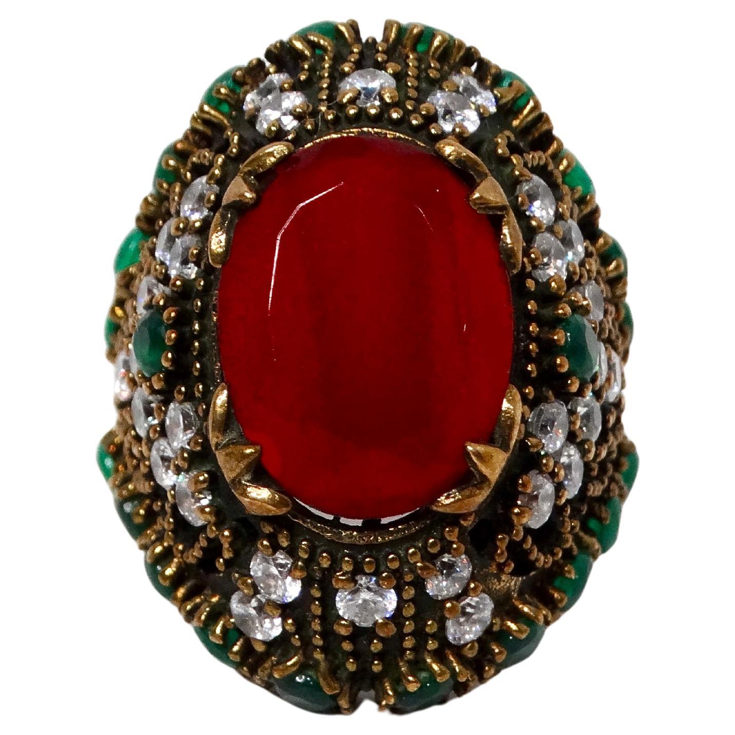 Vintage Sterling Silver Costume Ruby and Emerald Statement Cocktail Ring For Sale