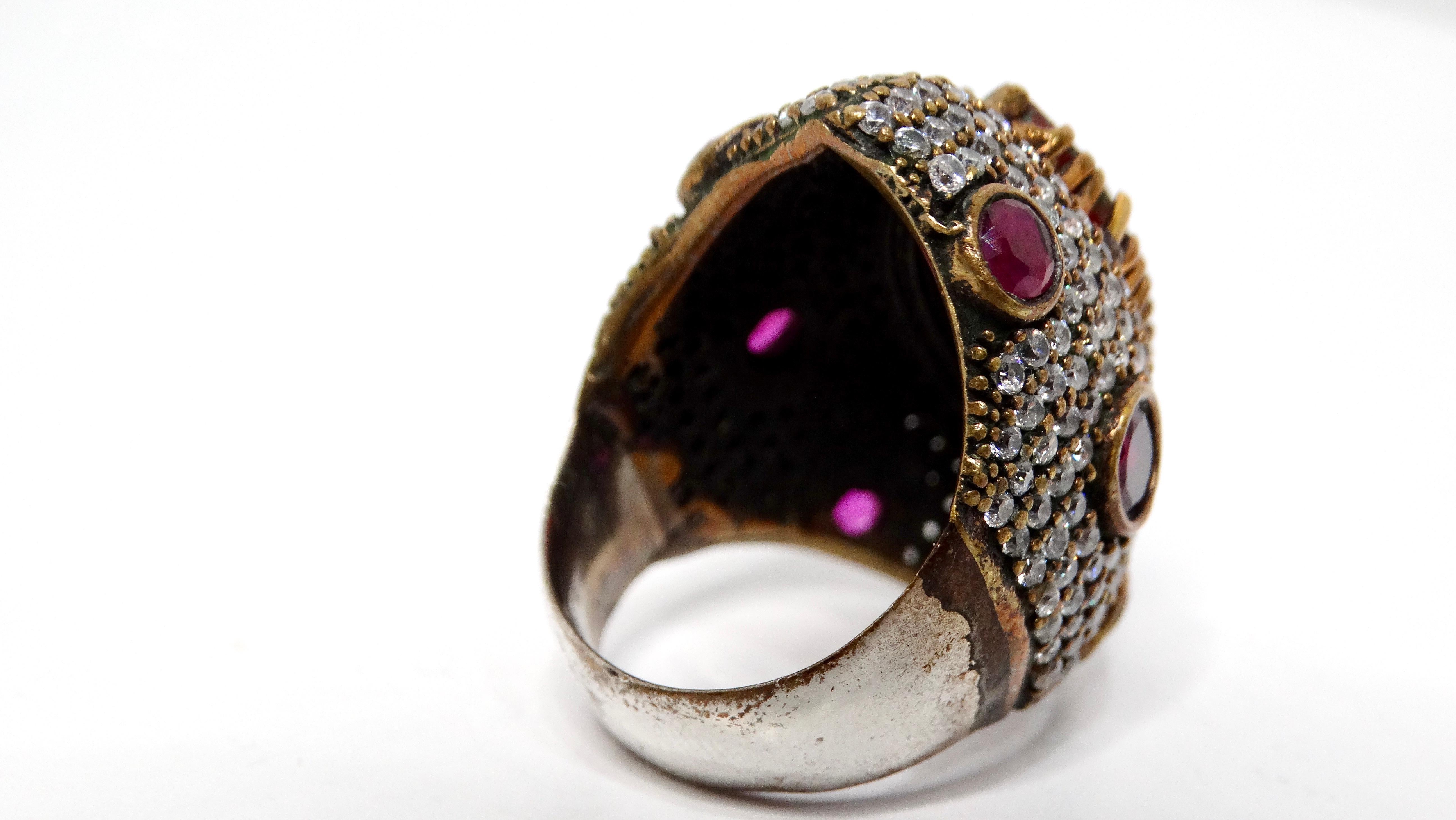 Vintage Sterling Silver Costume Ruby & Rhinestone Statement Cocktail Ring In Good Condition For Sale In Scottsdale, AZ