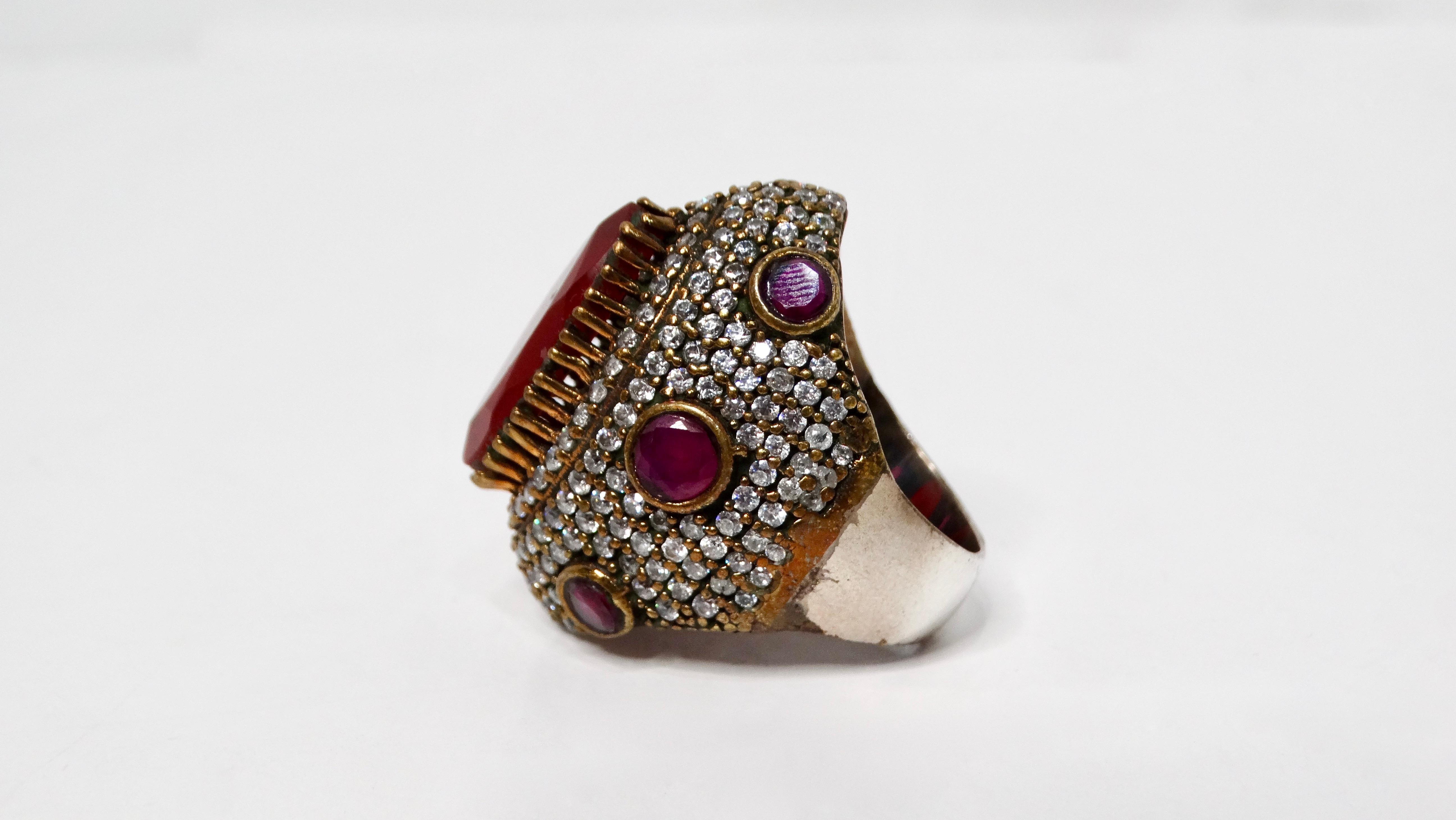 Women's Vintage Sterling Silver Costume Ruby & Rhinestone Statement Cocktail Ring For Sale