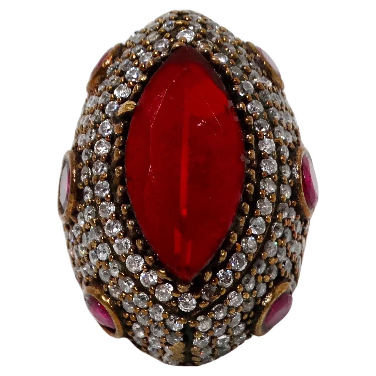 Vintage Sterling Silver Costume Ruby & Rhinestone Statement Cocktail Ring For Sale