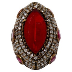 Vintage Sterling Silver Costume Ruby & Rhinestone Statement Cocktail Ring