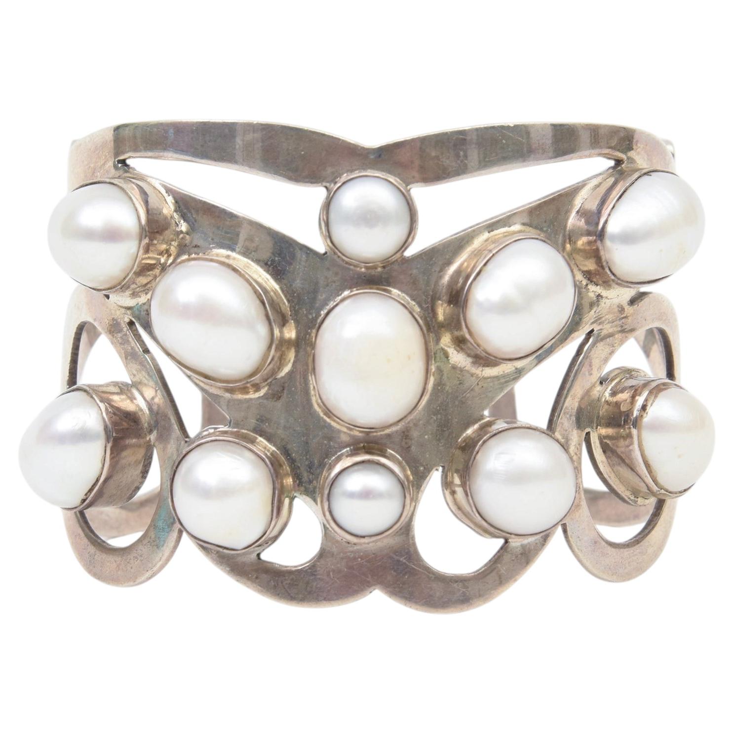 Vintage Sterling Silver Cuff Bracelet With Authentic Pearls, 1980's