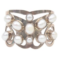 Vintage Sterling Silver Cuff Bracelet With Authentic Pearls, 1980's