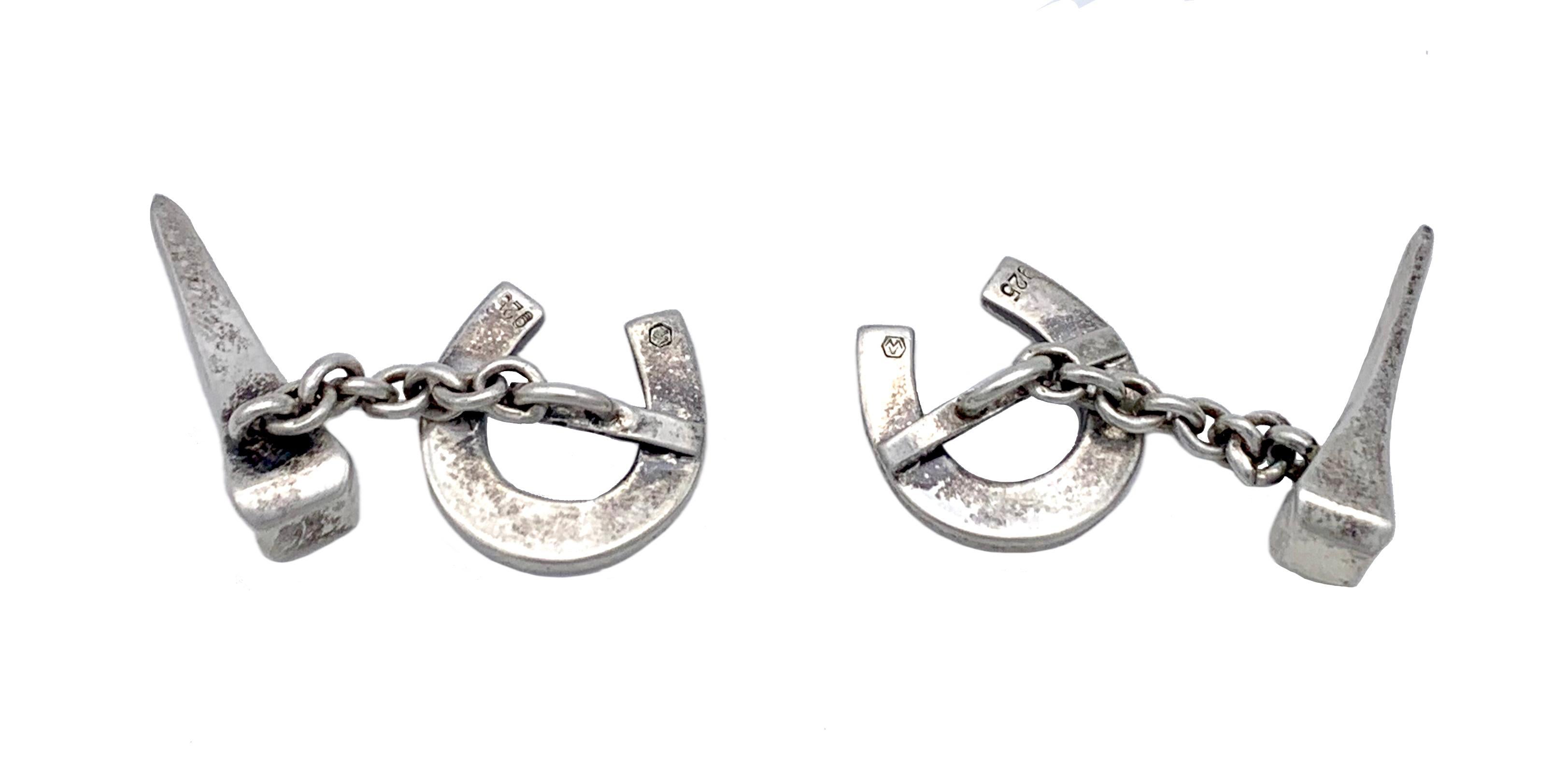 Après-guerre Vintage Sterling Silver Cufflinks Hores Shoe Horse Nail en vente