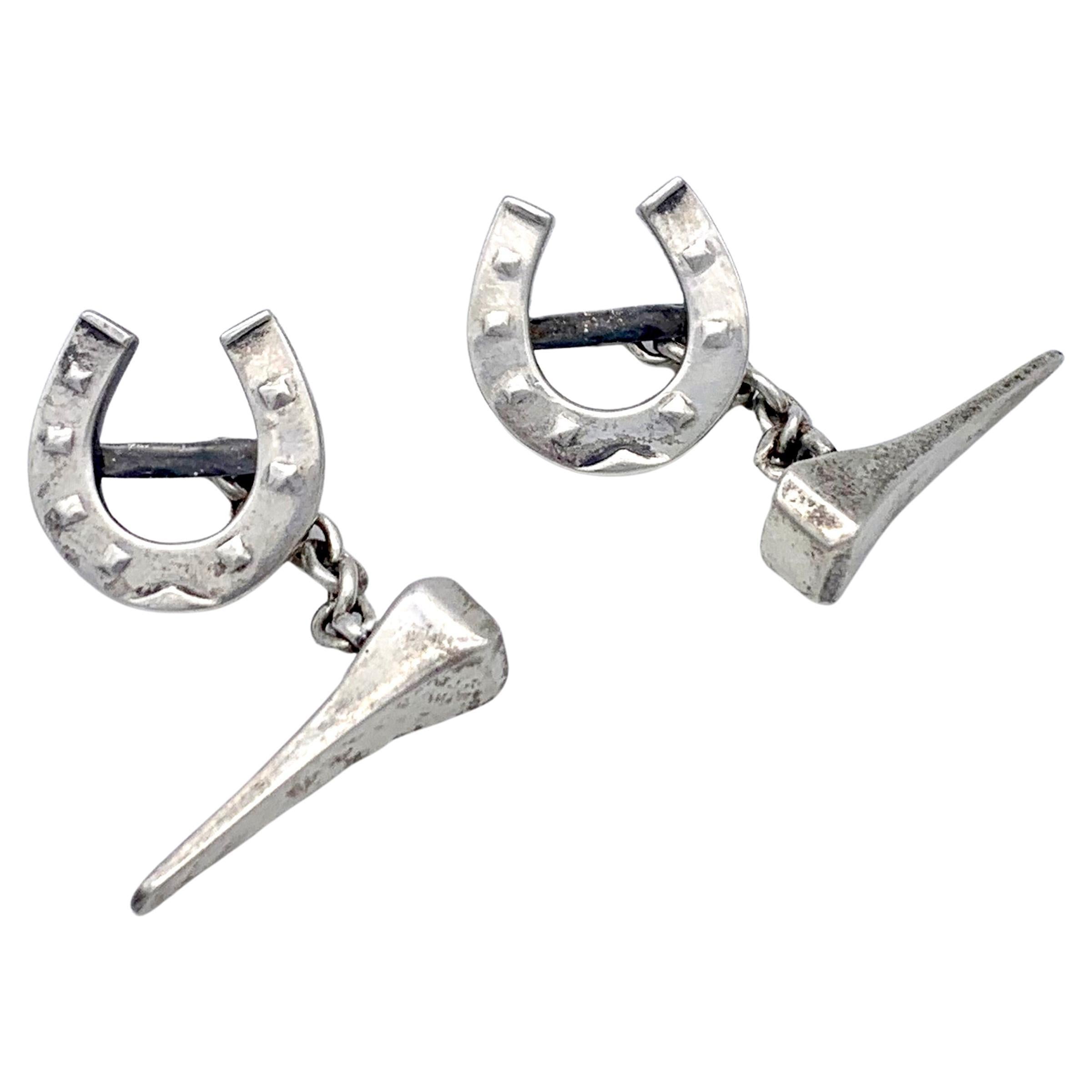 Vintage Sterling Silver Cufflinks Hores Shoe Horse Nail en vente