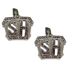 Vintage Sterling Silver Cufflinks w Mono Initials "SH" or "HS" with Faux Diam