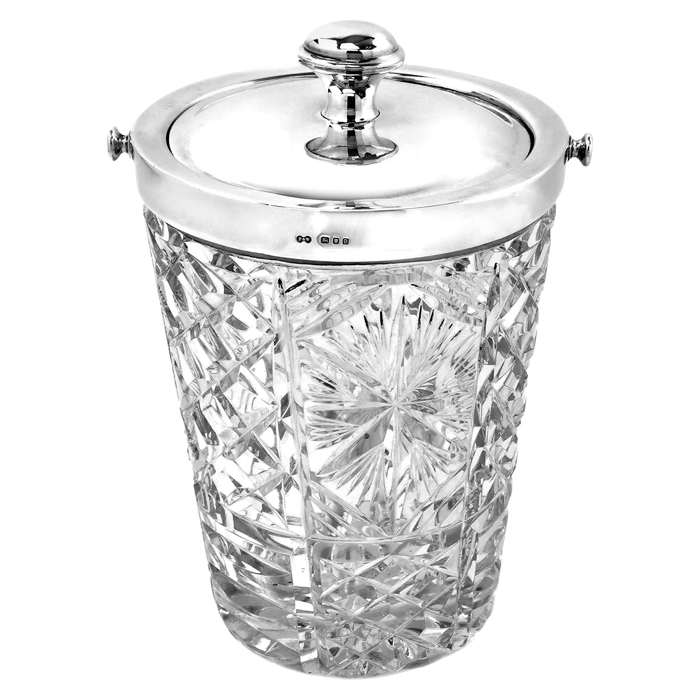 Vintage Sterling Silver & Cut Glass Ice Bucket, England, 1937