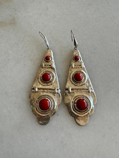 Vintage Sterling Silver Dangle Earrings with Coral Cabochon Stones