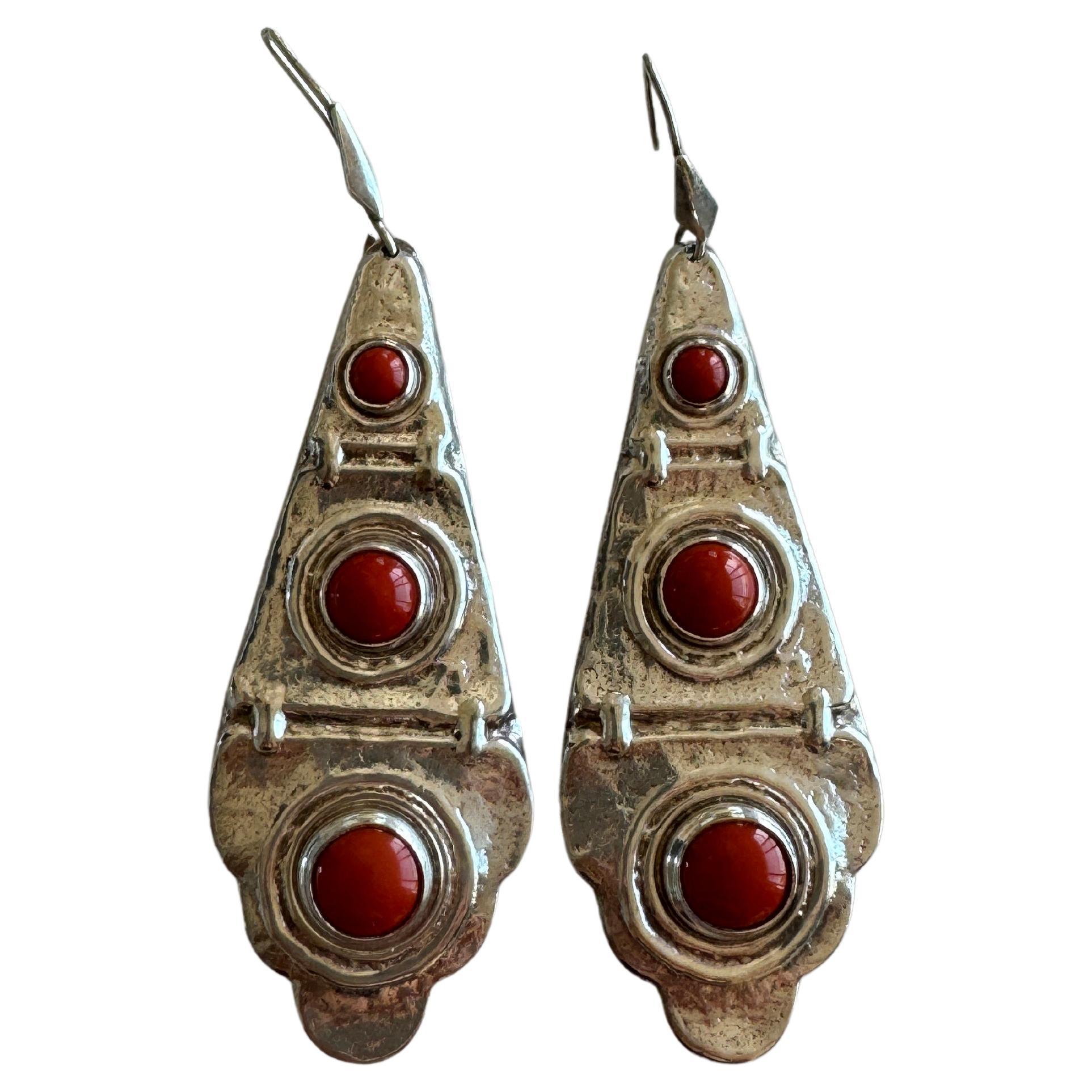 Vintage Sterling Silver Dangle Earrings with Coral Cabochon Stones For Sale