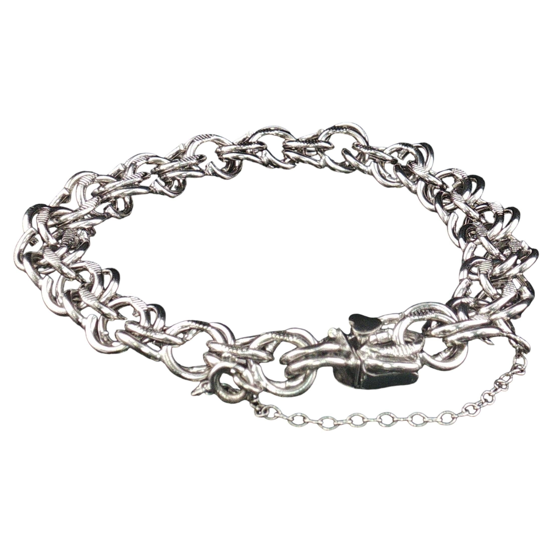 Vintage Sterling Silver Double Round Link Bracelet Push Clasp + Safety 7.5''