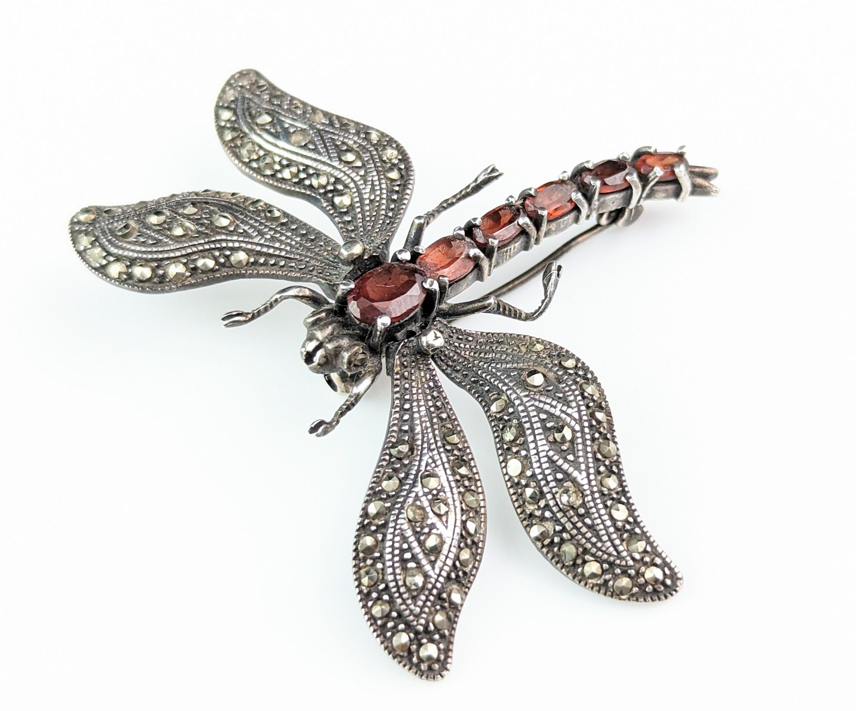 Vintage Sterling silver Dragonfly brooch, Marcasite and Garnet, Large  For Sale 5