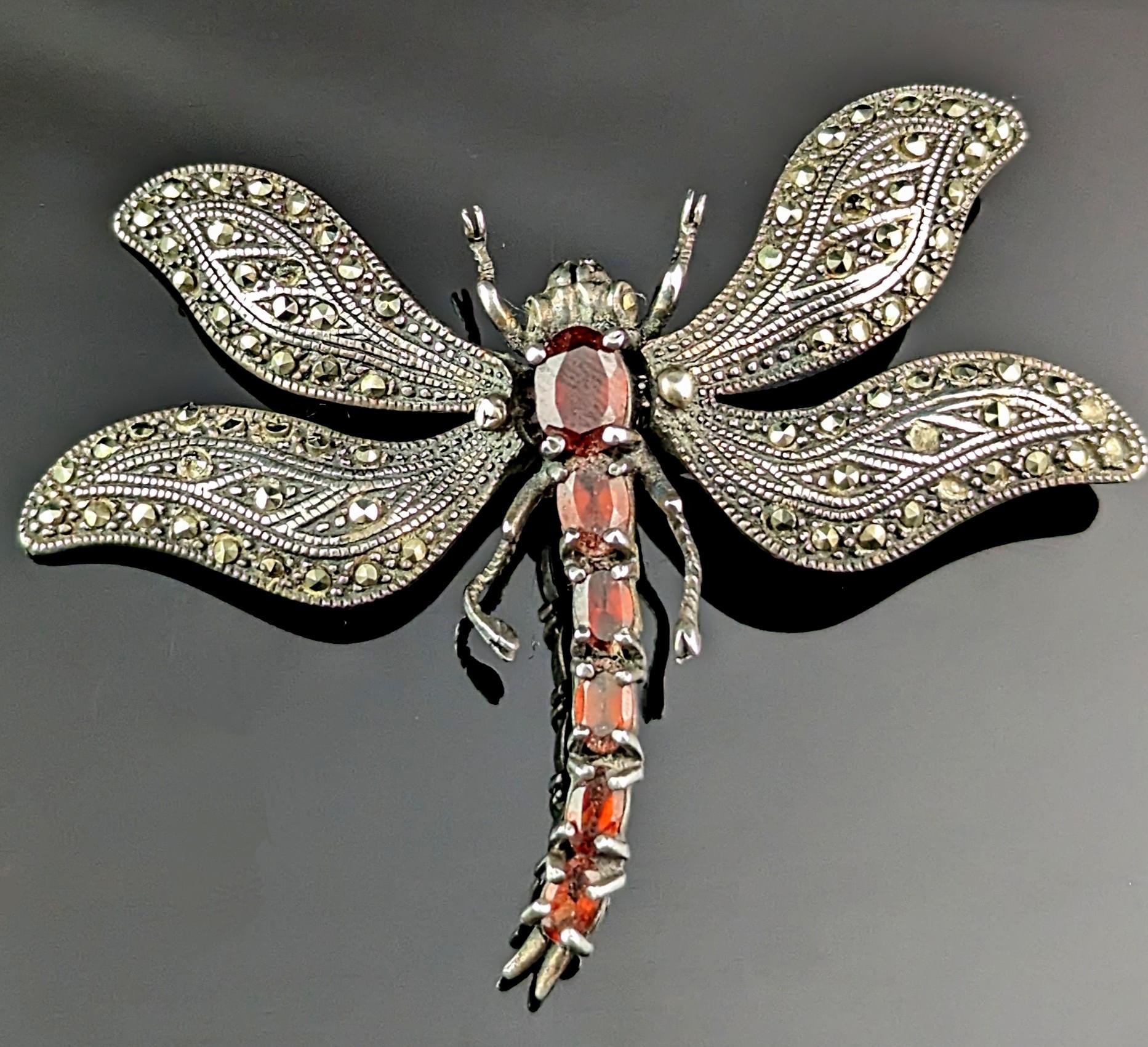 Art Deco Vintage Sterling silver Dragonfly brooch, Marcasite and Garnet, Large  For Sale