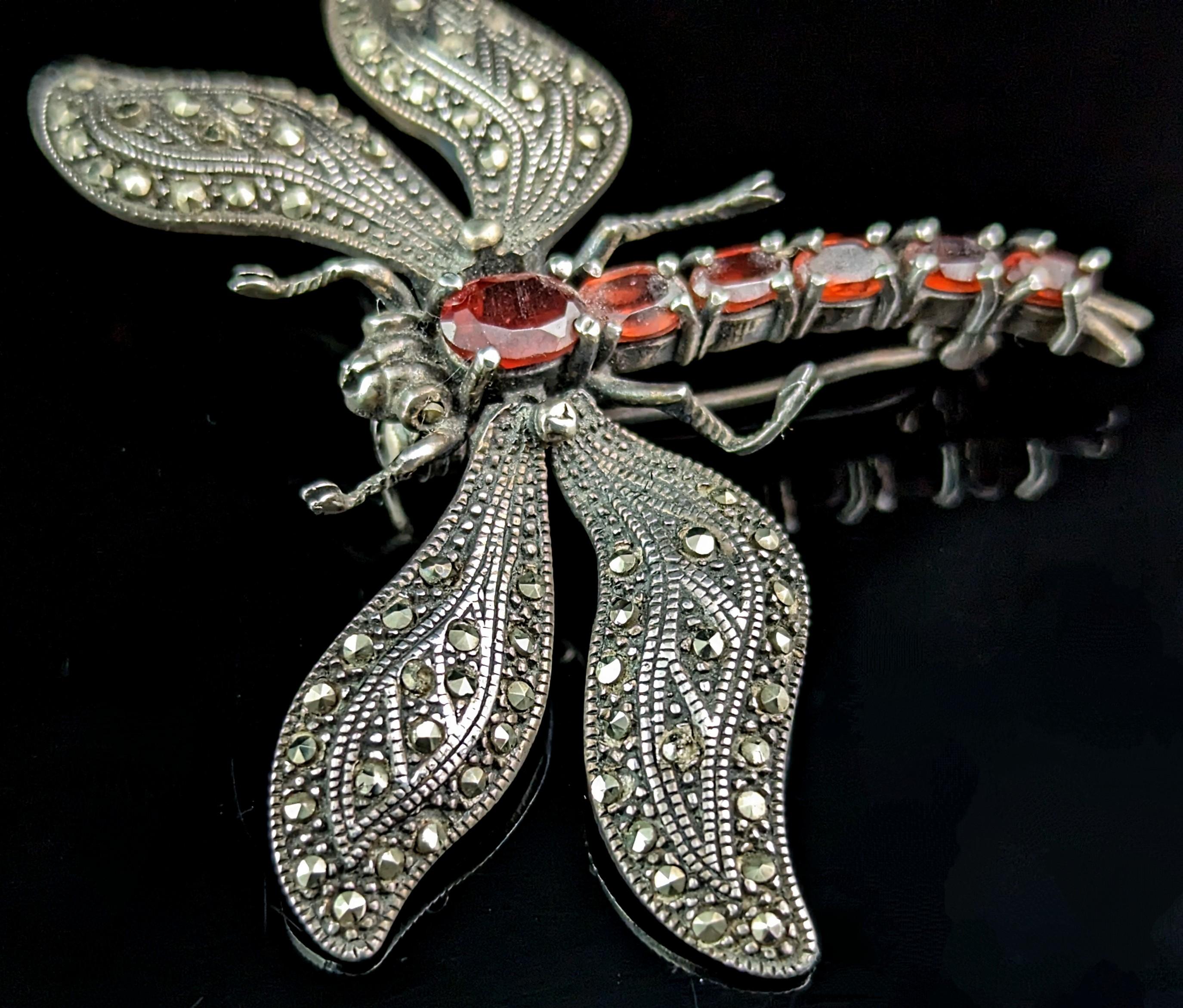 Oval Cut Vintage Sterling silver Dragonfly brooch, Marcasite and Garnet, Large  For Sale