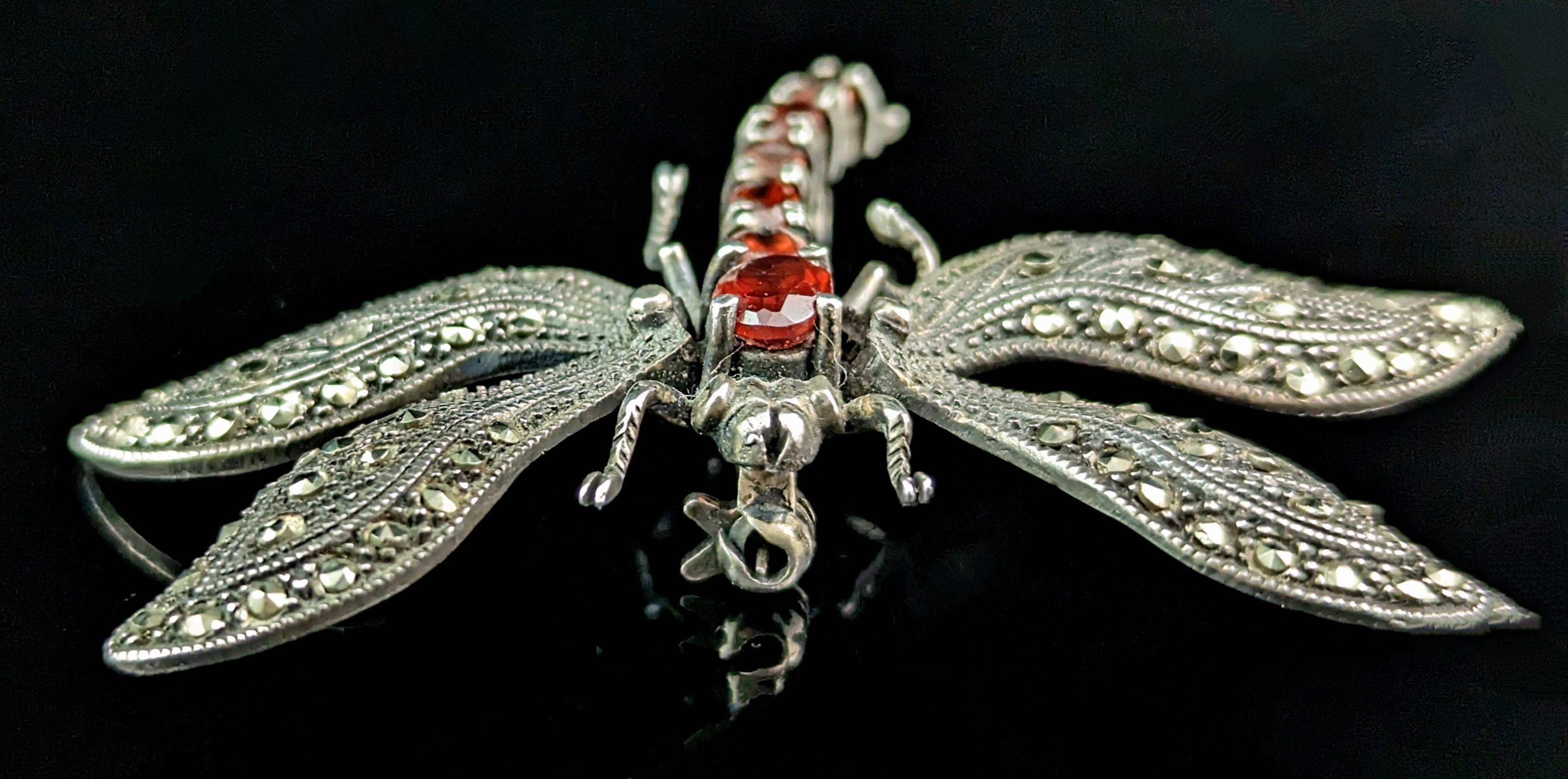 Women's or Men's Vintage Sterling silver Dragonfly brooch, Marcasite and Garnet, Large  For Sale