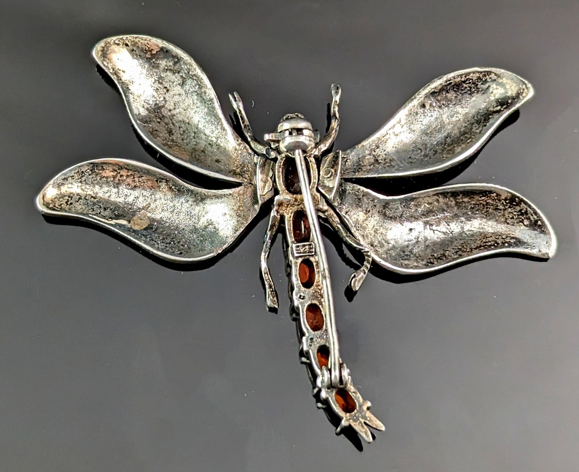 Vintage Sterling silver Dragonfly brooch, Marcasite and Garnet, Large  For Sale 2
