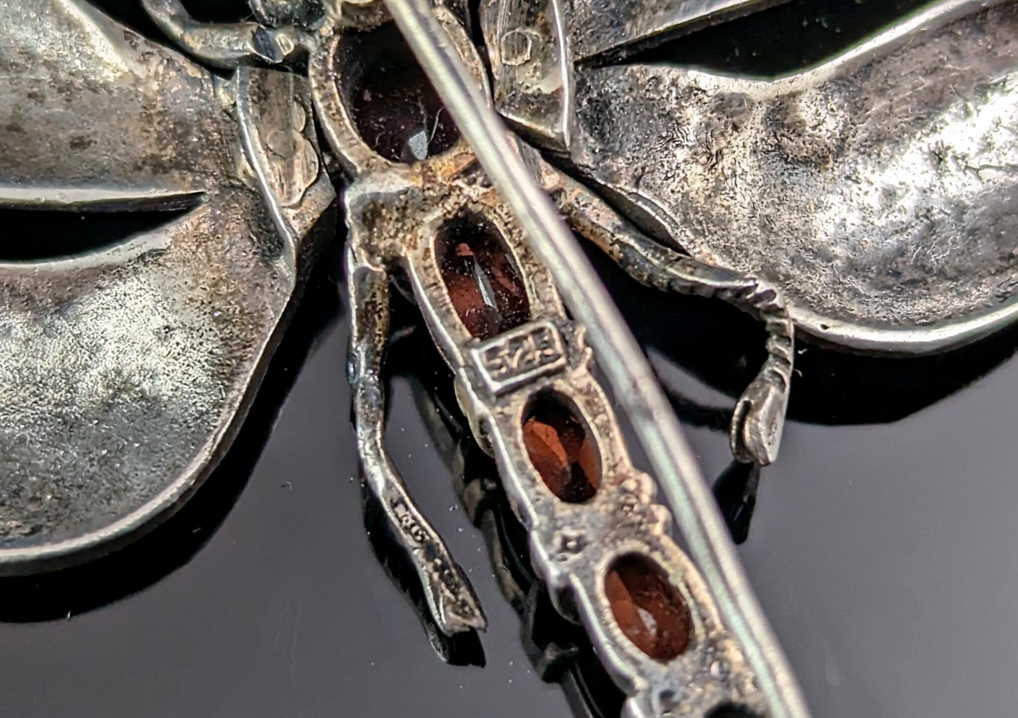 Vintage Sterling silver Dragonfly brooch, Marcasite and Garnet, Large  For Sale 3