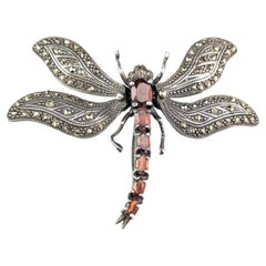 Retro Sterling silver Dragonfly brooch, Marcasite and Garnet, Large 