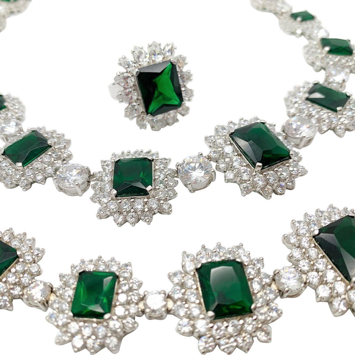 Women's or Men's vintage sterling silver & emerald crystal parure 2000s For Sale