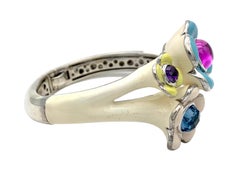 Vintage Sterling Silver Enamel Flowers Glas Bracelet Bangle