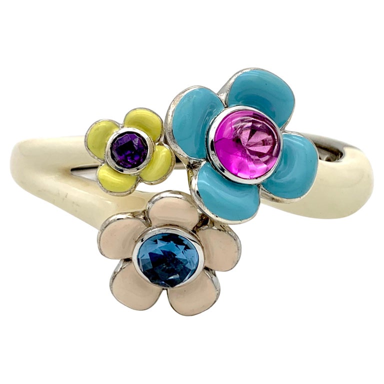 Vintage Sterling Silver Enamel Flowers Glas Bracelet Bangle For Sale at
