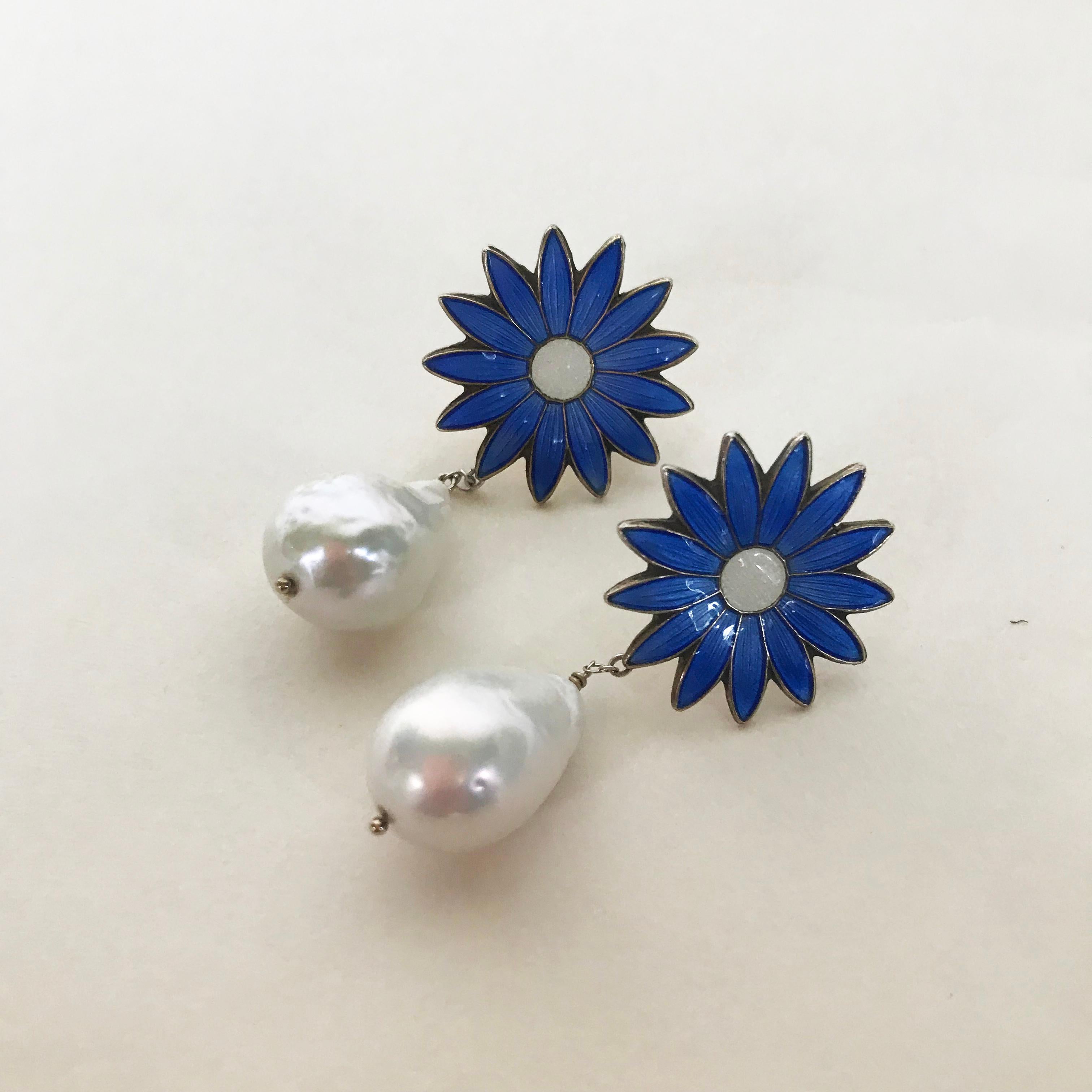 Women's Vintage Sterling Silver, Enamel with White Pearl and Stud Earrings by Marina J.