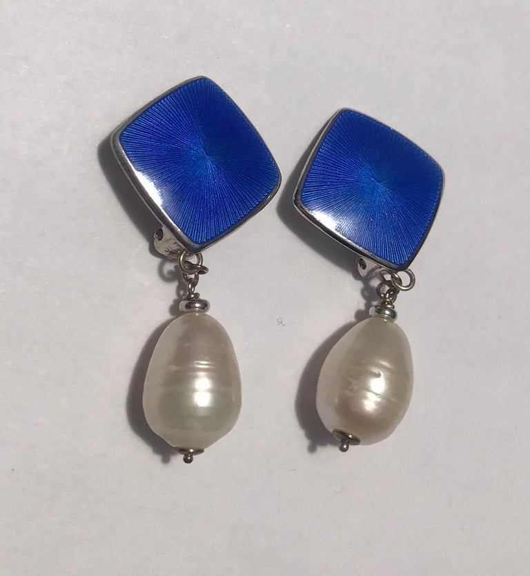 Vintage Sterling Silver, Enamel with White Pearl ClipOn Earrings by