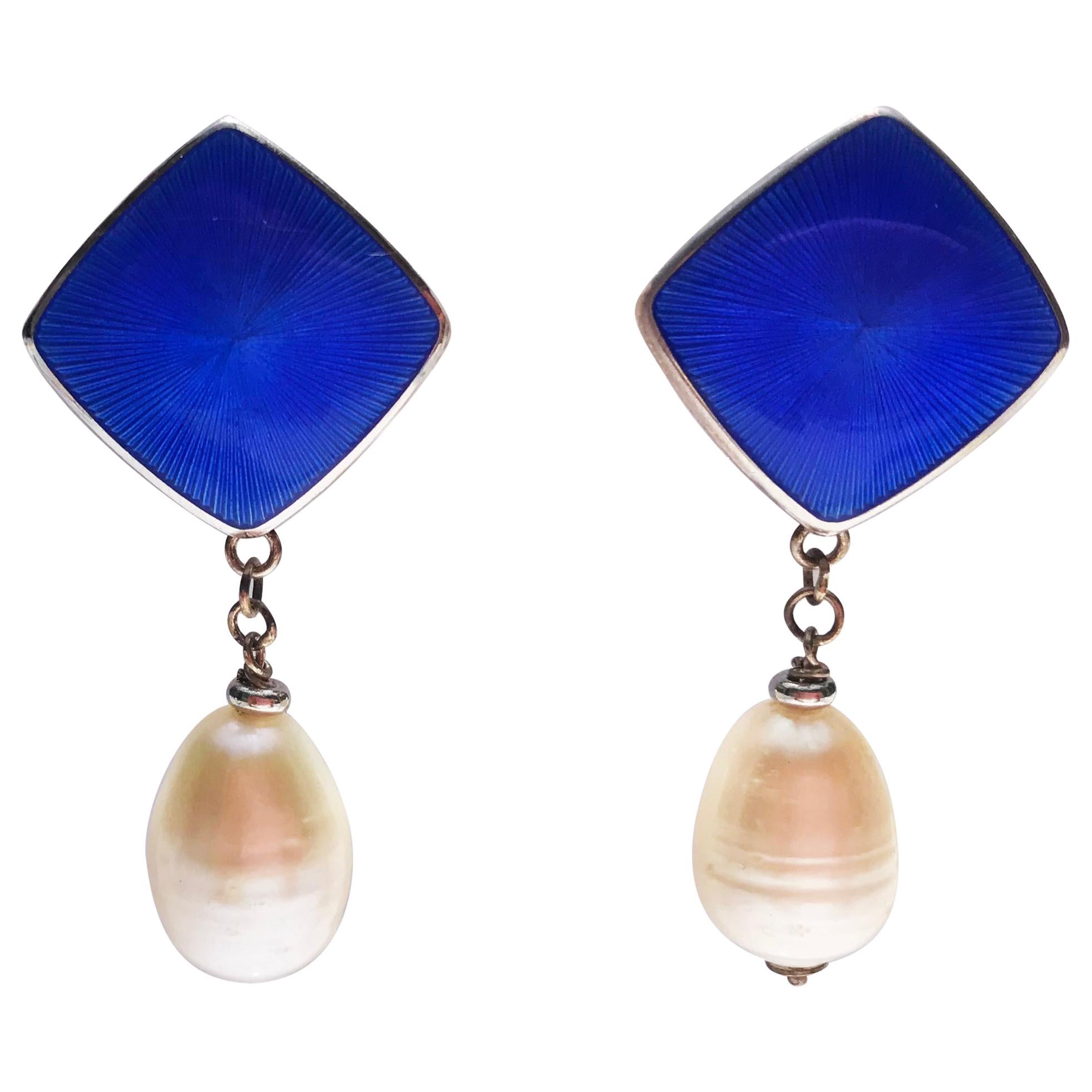 Clips d'oreilles vintage en argent sterling, émail et perles blanches par Marina J.