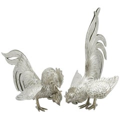 Retro Sterling Silver Fighting Cockerel Ornaments by Israel Freeman & Son