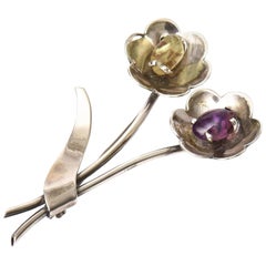 Vintage Sterling Silver Flower Brooch With Amethyst and Citrine 70's Hallmarked
